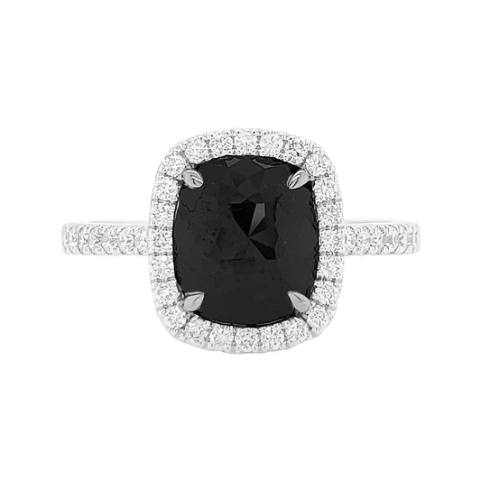 Black Diamond Halo Ring | 14K White Gold Cushion-Cut Ring