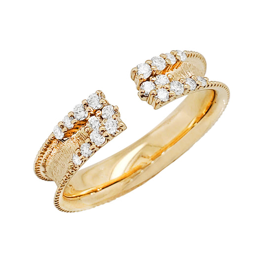 Textured 14K Gold Open Cuff Ring: 1/4 CTW Diamond Clusters