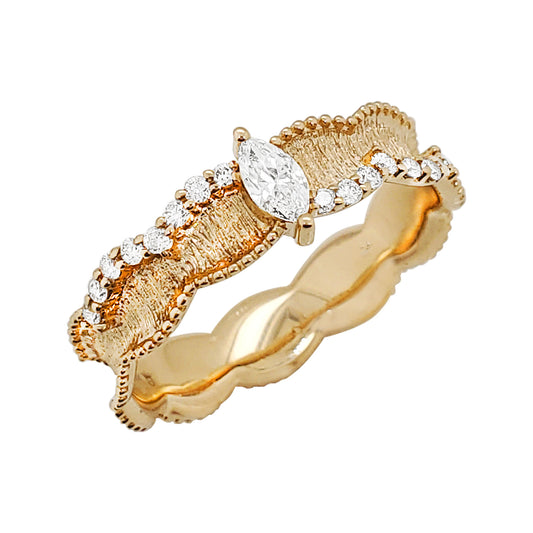 Hammered 14K Gold Diamond Ring: Boho Chic Marquise Cut
