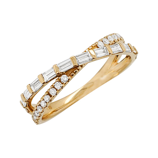 14K Gold Diamond Crossover Ring: Baguette & Round Cut Band