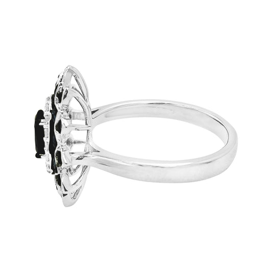 14K Gold Blue Sapphire Flower Ring, Light Brown Diamond Halo, September Birthstone