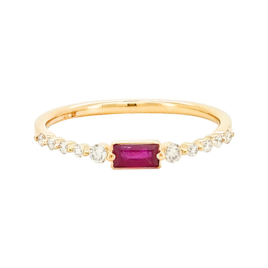 14K Gold Band with Baguette Cut Centre Stone Pink Sapphire/ Red Ruby/ Diamonds and diamond accent dainty Wedding/Anniversary/Promise Ring