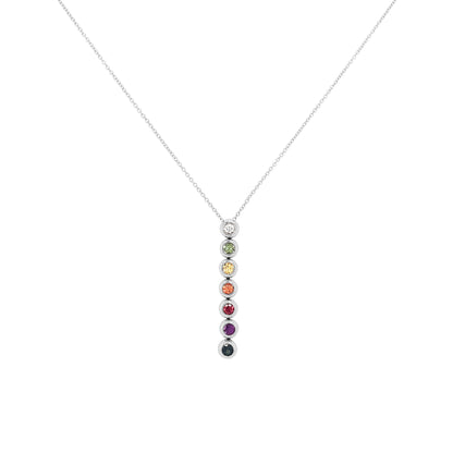 14K White Gold Rainbow Sapphire Necklace, Vertical Bezel Pendant