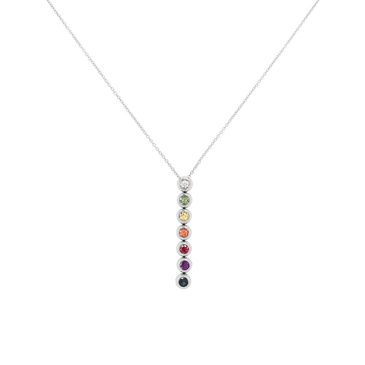 14K White Gold Rainbow Sapphire Necklace, Vertical Bezel Pendant