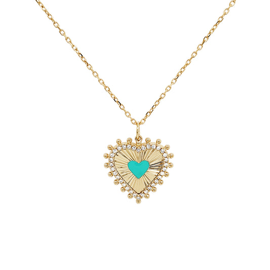 14k Gold Heart Necklace, Diamond Halo, Turquoise Enamel Pendant