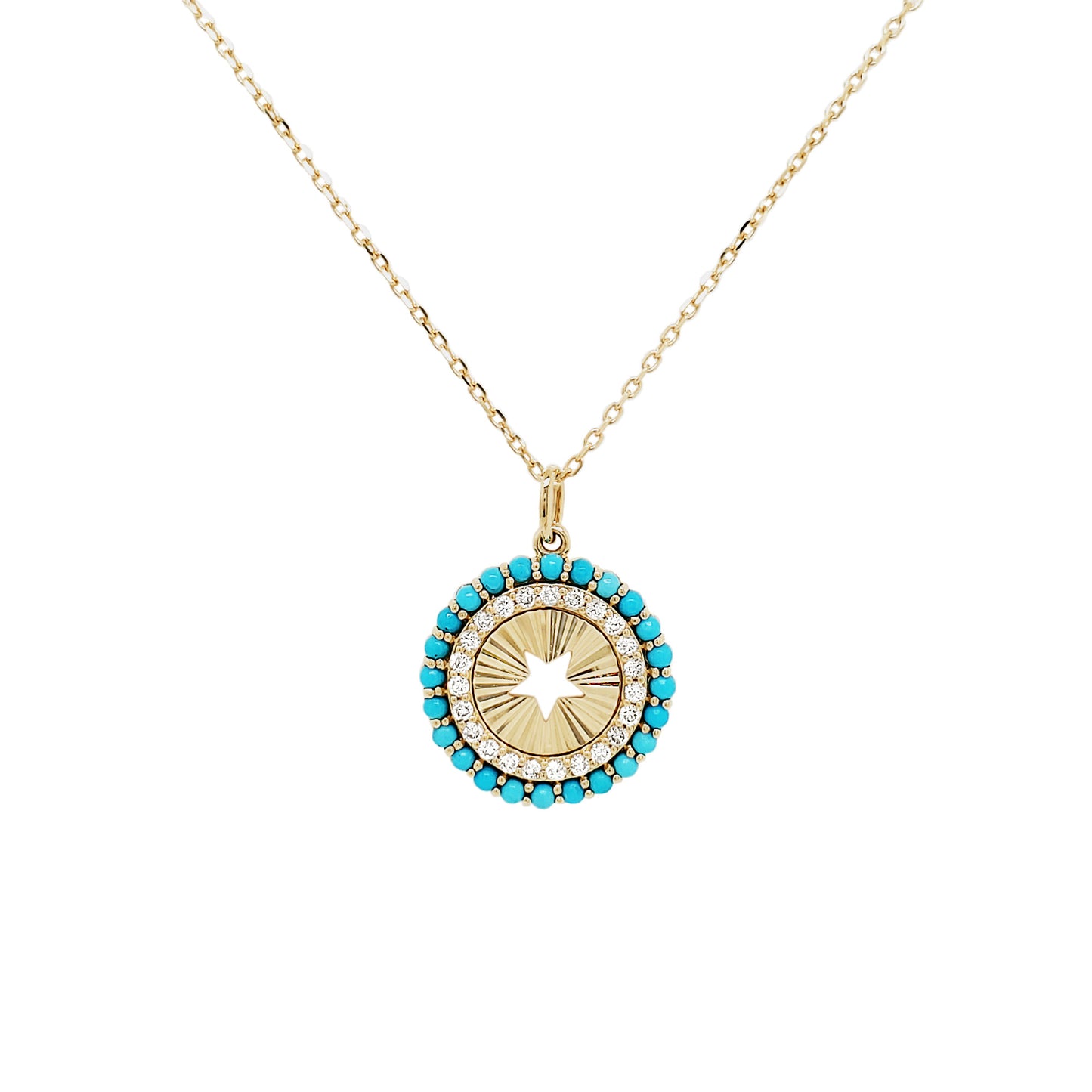14K Yellow Gold Star Cut Medallion Necklace, Turquoise & Diamond Sunburst Pendant