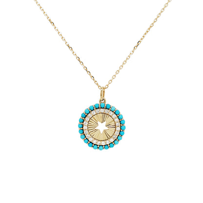 14K Yellow Gold Star Cut Medallion Necklace, Turquoise & Diamond Sunburst Pendant