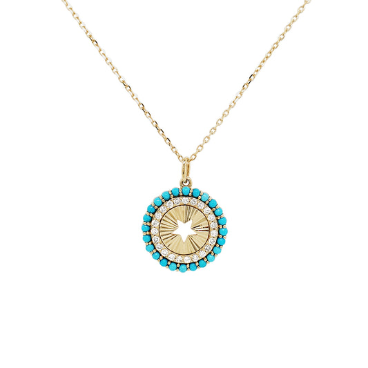14K Yellow Gold Star Cut Medallion Necklace, Turquoise & Diamond Sunburst Pendant