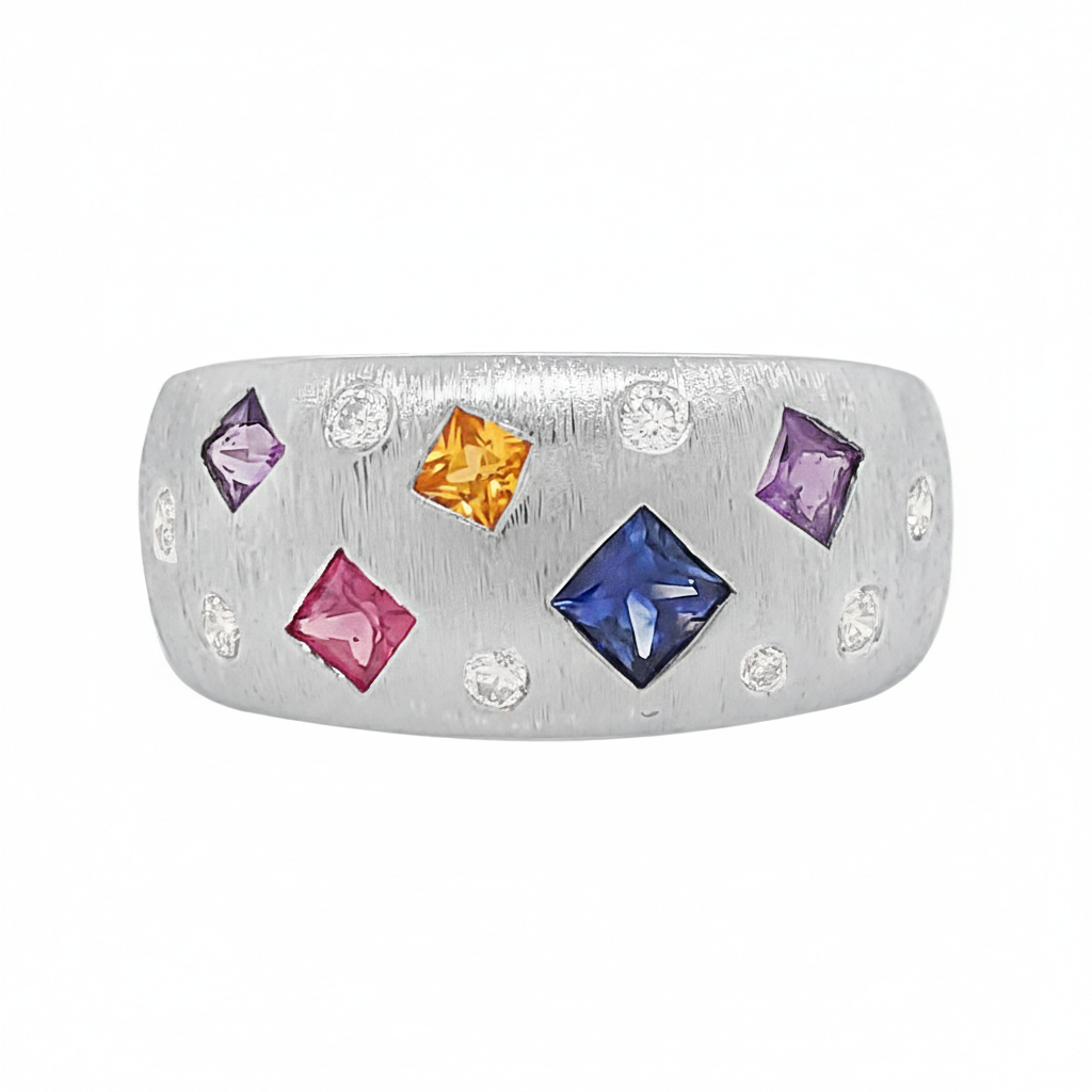 14K Gold Princess Cut Sapphire Diamond Ring, Rainbow Wedding Band