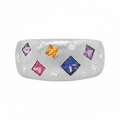 14K Gold Princess Cut Sapphire Diamond Ring, Rainbow Wedding Band