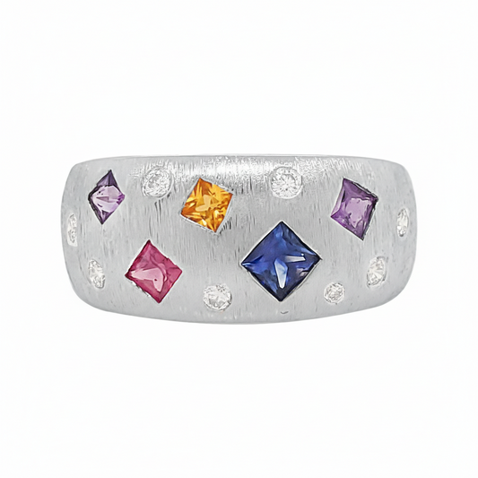 14K Gold Princess Cut Sapphire Diamond Ring, Rainbow Wedding Band