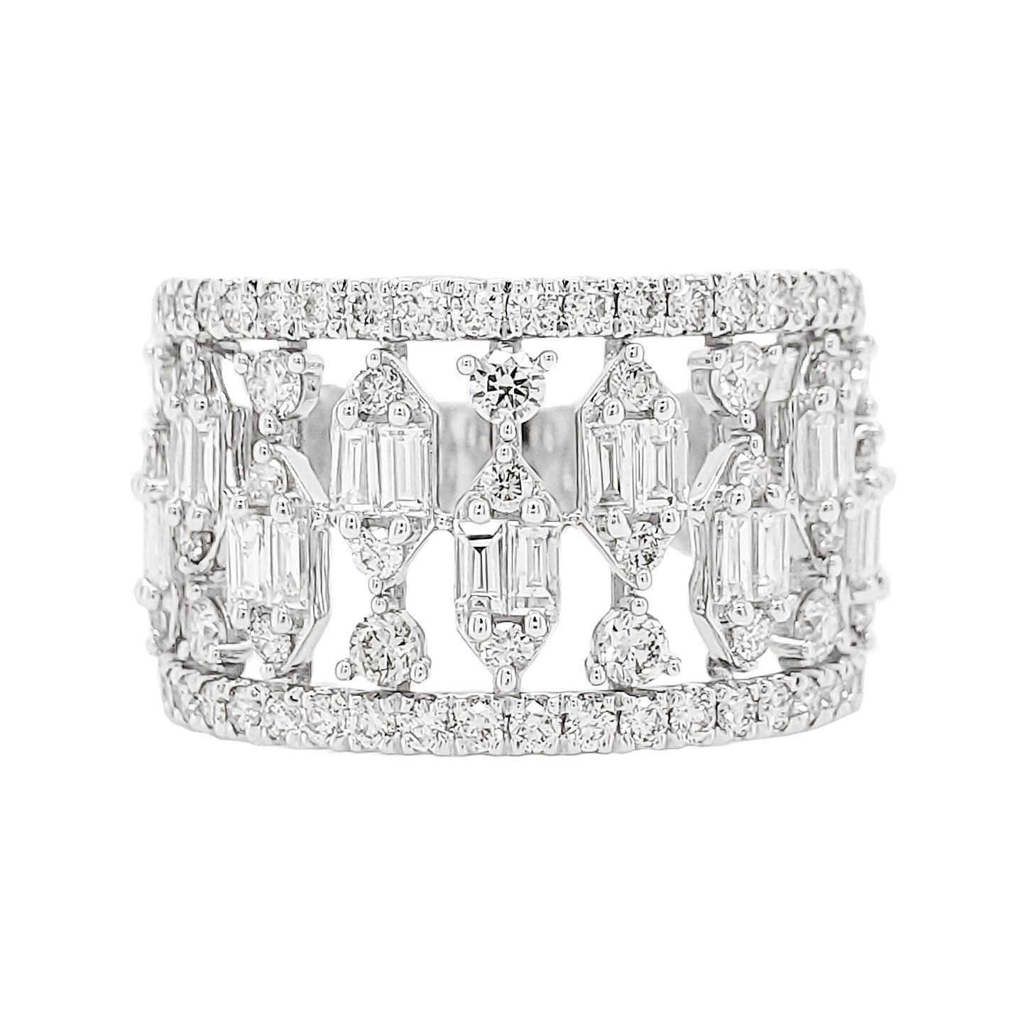 14K Gold Diamond Statement Ring, Baguette Round Cut, Art Deco Wide Band