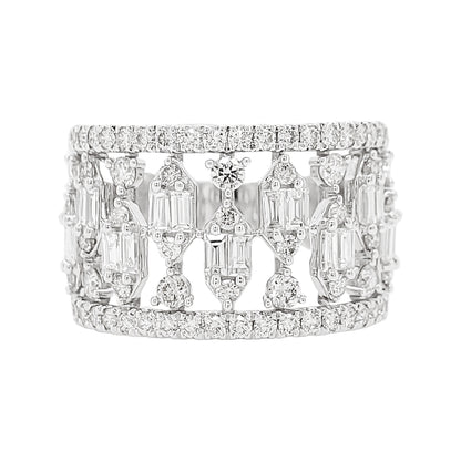 14K Gold Diamond Statement Ring, Baguette Round Cut, Art Deco Wide Band