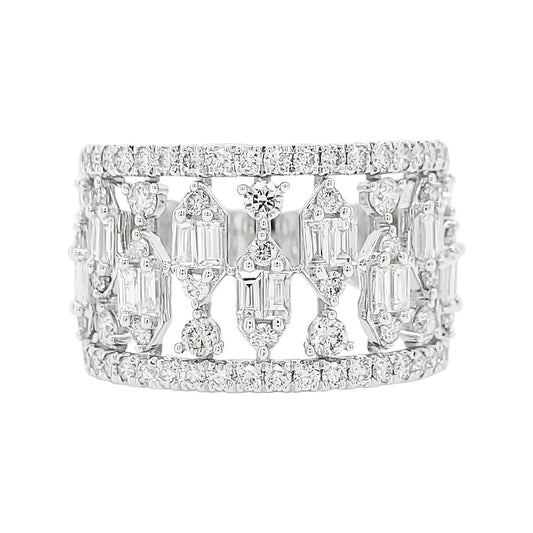 14K Gold Diamond Statement Ring, Baguette Round Cut, Art Deco Wide Band