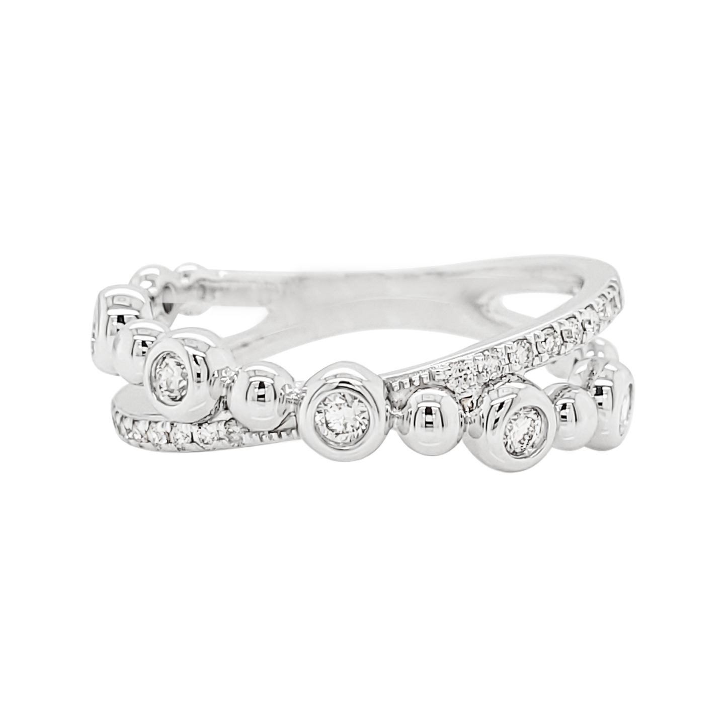 14K White Gold Diamond Crossover Ring, Bezel Set Pavé Band