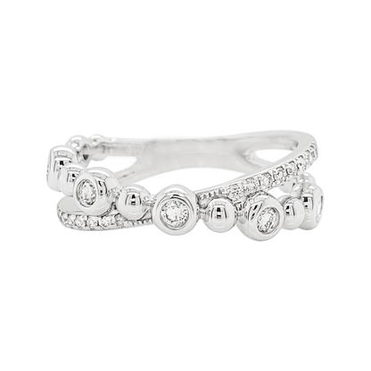 14K White Gold Diamond Crossover Ring, Bezel Set Pavé Band