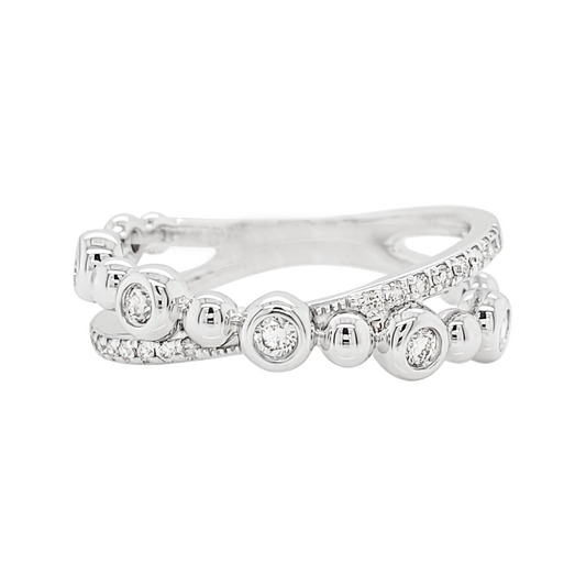 14K White Gold Diamond Crossover Ring, Bezel Set Pavé Band