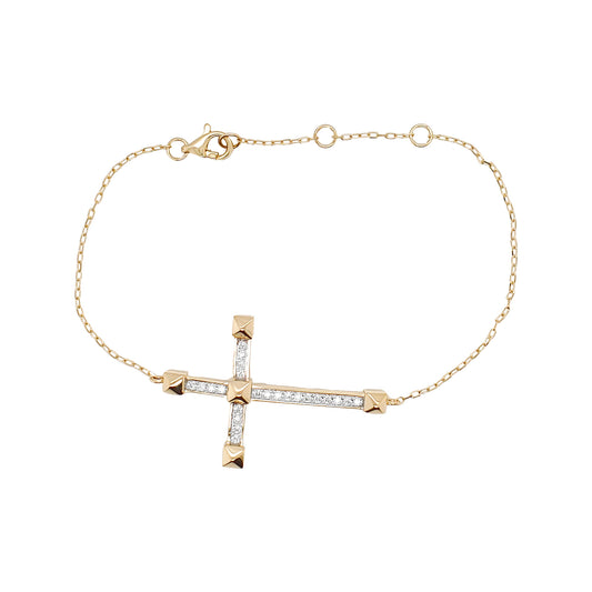 14K White Gold Diamond Cross Bracelet, Sideways Crucifix, Religious Jewelry