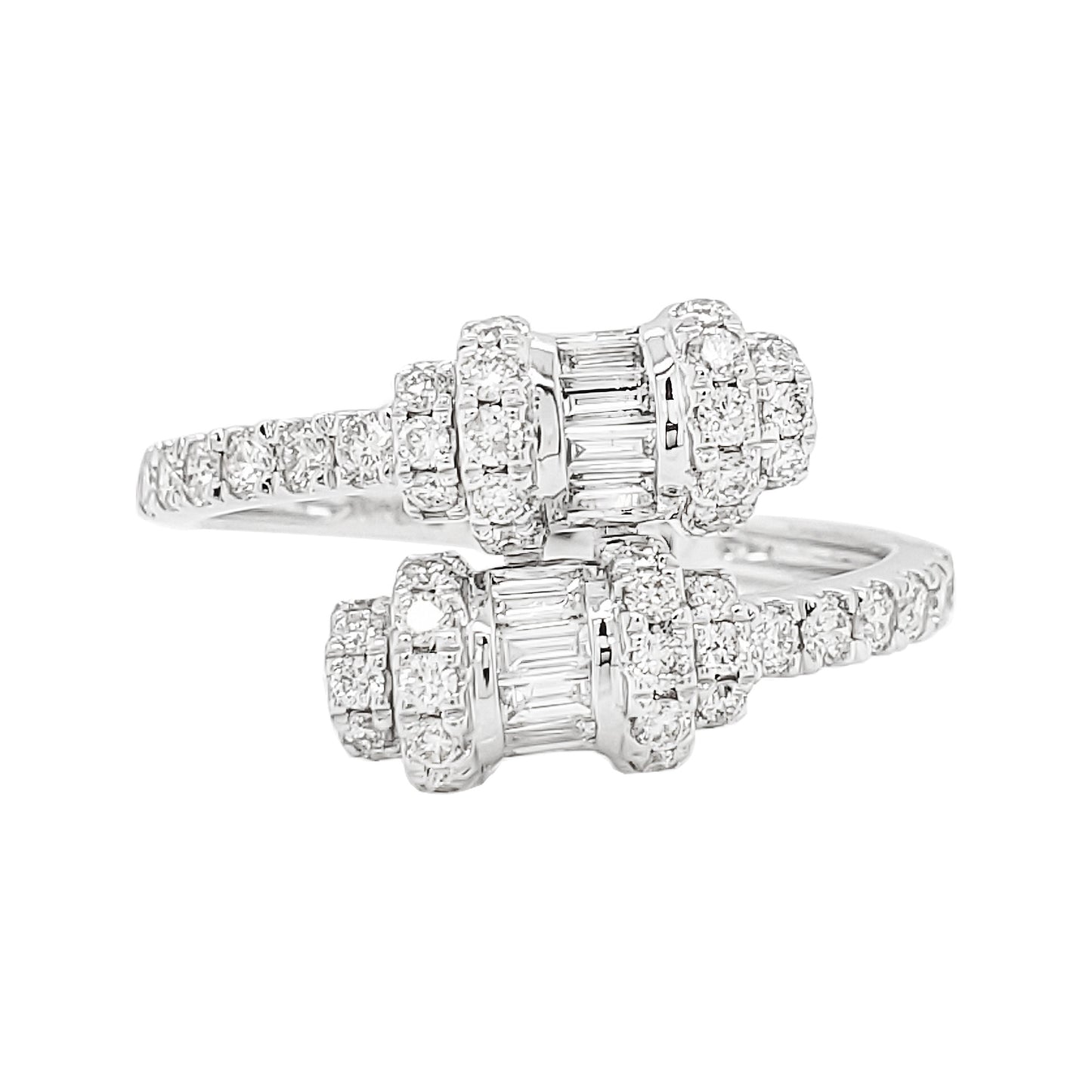 14K White Gold Baguette Diamond Ring, Art Deco Toi et Moi Bypass Band