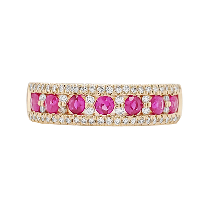 14K Solid Gold Emerald/Ruby/Sapphire Ring, with Pave Diamond Band