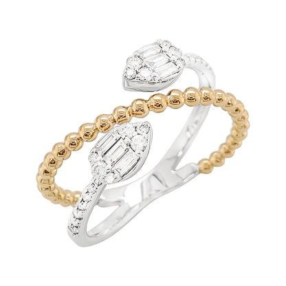 Dual Tone 14K Gold Diamond Ring: Beaded Crossover Design