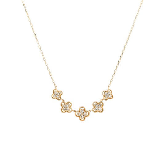 14K Yellow Gold Diamond Clover Necklace, Milgrain Floral Pendant