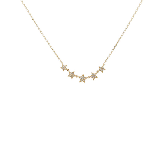 14K Gold Diamond Star Station Necklace, Celestial Curved Bar Pendant