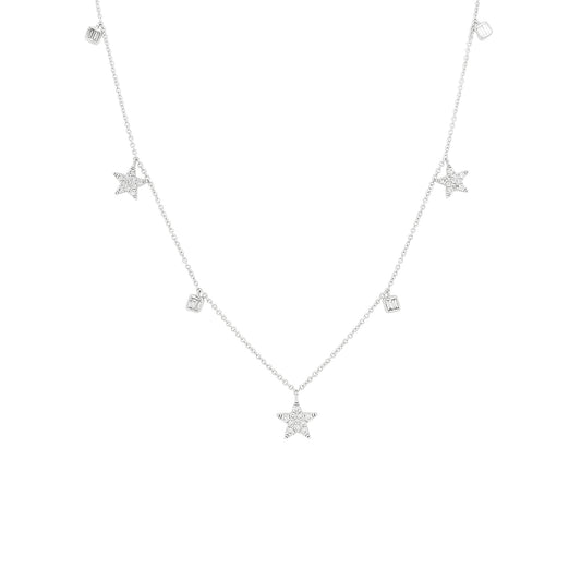 14K White Gold Diamond Star Baguette Necklace, Celestial Charm Choker, 2/5 CTW