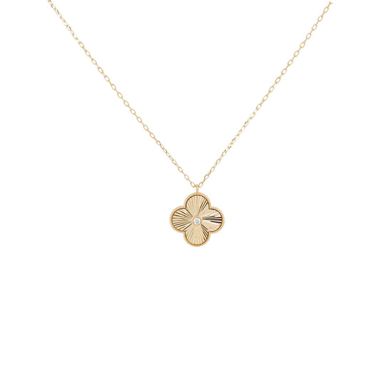 14K Yellow Gold Diamond Clover Necklace, Textured Sunburst Pendant, 18 Inch Chain