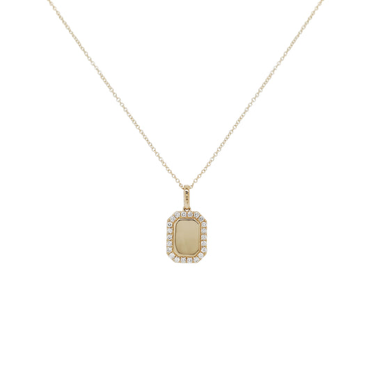 14K Yellow Gold Diamond Halo Signet Necklace, Emerald Cut Medallion