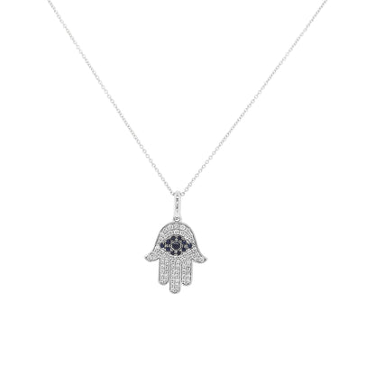 14K White Gold Diamond Hamsa Necklace, Blue Sapphire Evil Eye, Protection Amulet
