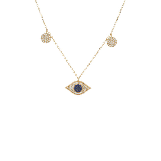 14K Gold Blue Sapphire Evil Eye Necklace, Diamond Pavé Pendant