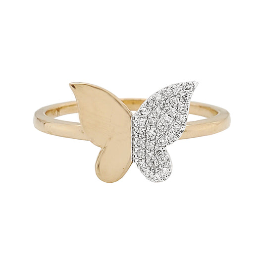 14K Yellow Gold Diamond Butterfly Ring, Nature Inspired Statement Band