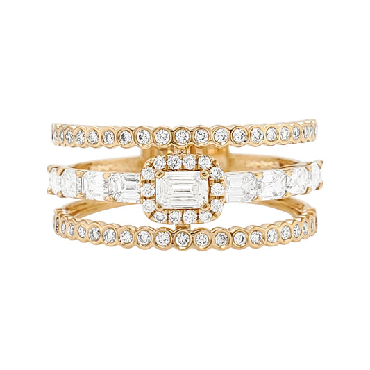 14K Yellow Gold Diamond Ring, Emerald Cut Halo, Statement Anniversary Band