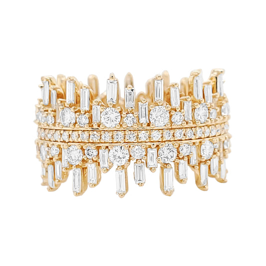 14K Yellow Gold Diamond Crown Ring, Baguette & Round Cut, 2.10 CTW