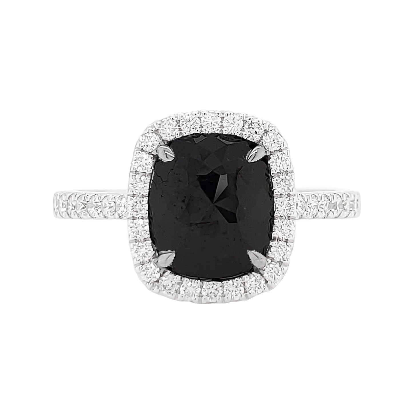 Black Diamond Halo Ring | 14K White Gold Cushion-Cut Ring