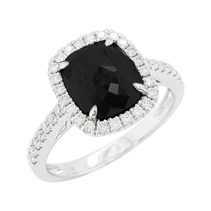 Black Diamond Halo Ring | 14K White Gold Cushion-Cut Ring