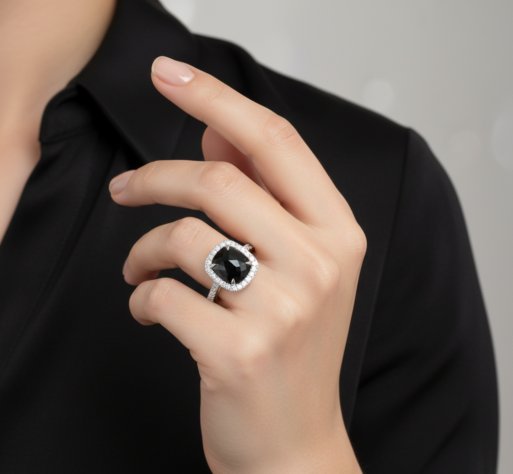Black Diamond Halo Ring | 14K White Gold Cushion-Cut Ring