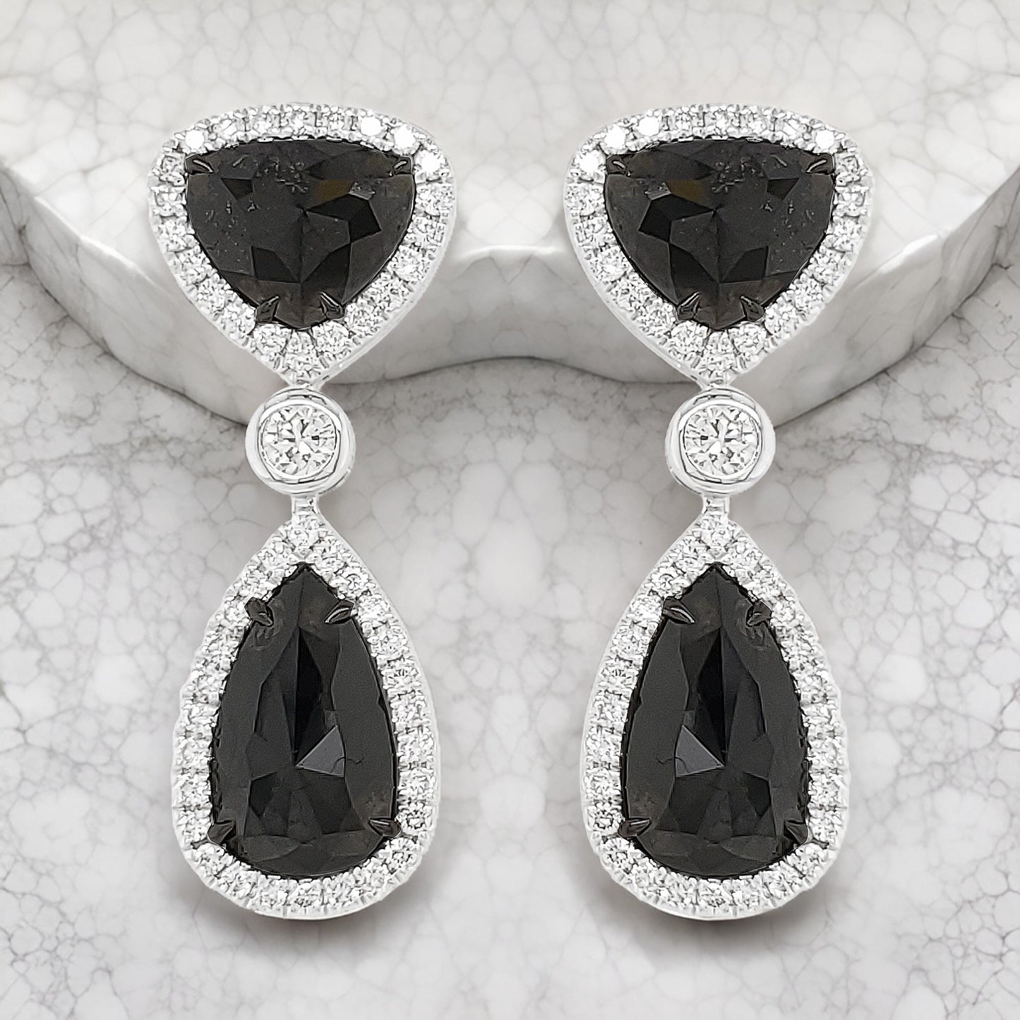 14K White Gold Pear Trillion Diamond Halo Drop Earrings