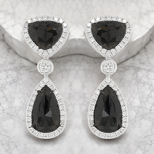 14K White Gold Pear Trillion Diamond Halo Drop Earrings