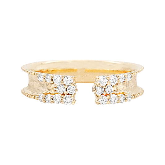 Textured 14K Gold Open Cuff Ring: 1/4 CTW Diamond Clusters