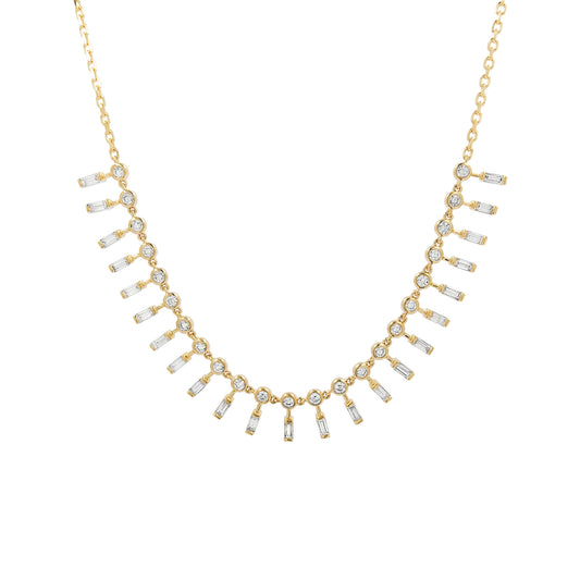 14K Gold Baguette & Round Diamond Necklace: Elegant Party Jewelry