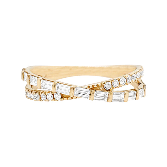 14K Gold Diamond Crossover Ring: Baguette & Round Cut Band