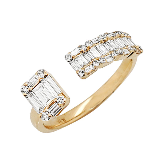 14K Gold Open Cuff Diamond Ring: Baguette & Round Cluster, 7/10 CTW