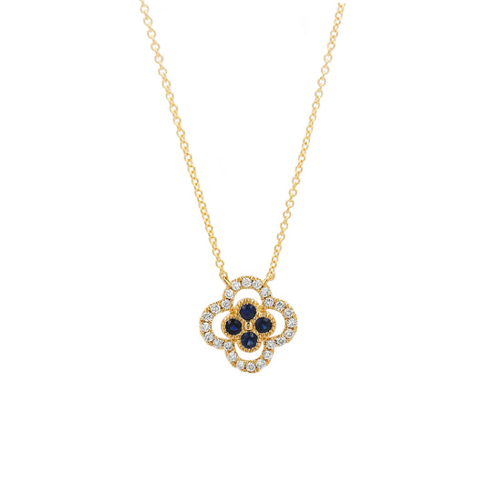 Gold Diamond Clover Necklace: 14K Yellow Gold, Blue Sapphire Pendant