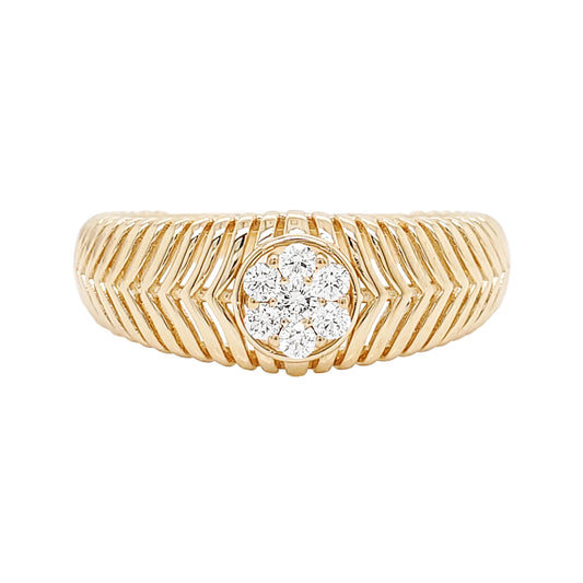 14K Gold Chevron Ring with Diamond Cluster: Wedding Band