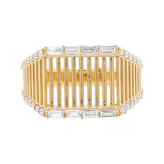 14K Gold Ribbed Openwork Diamond Ring | 1/2CTW Baguette & Round | Unisex Anniversary, Wedding, Engagement Gift