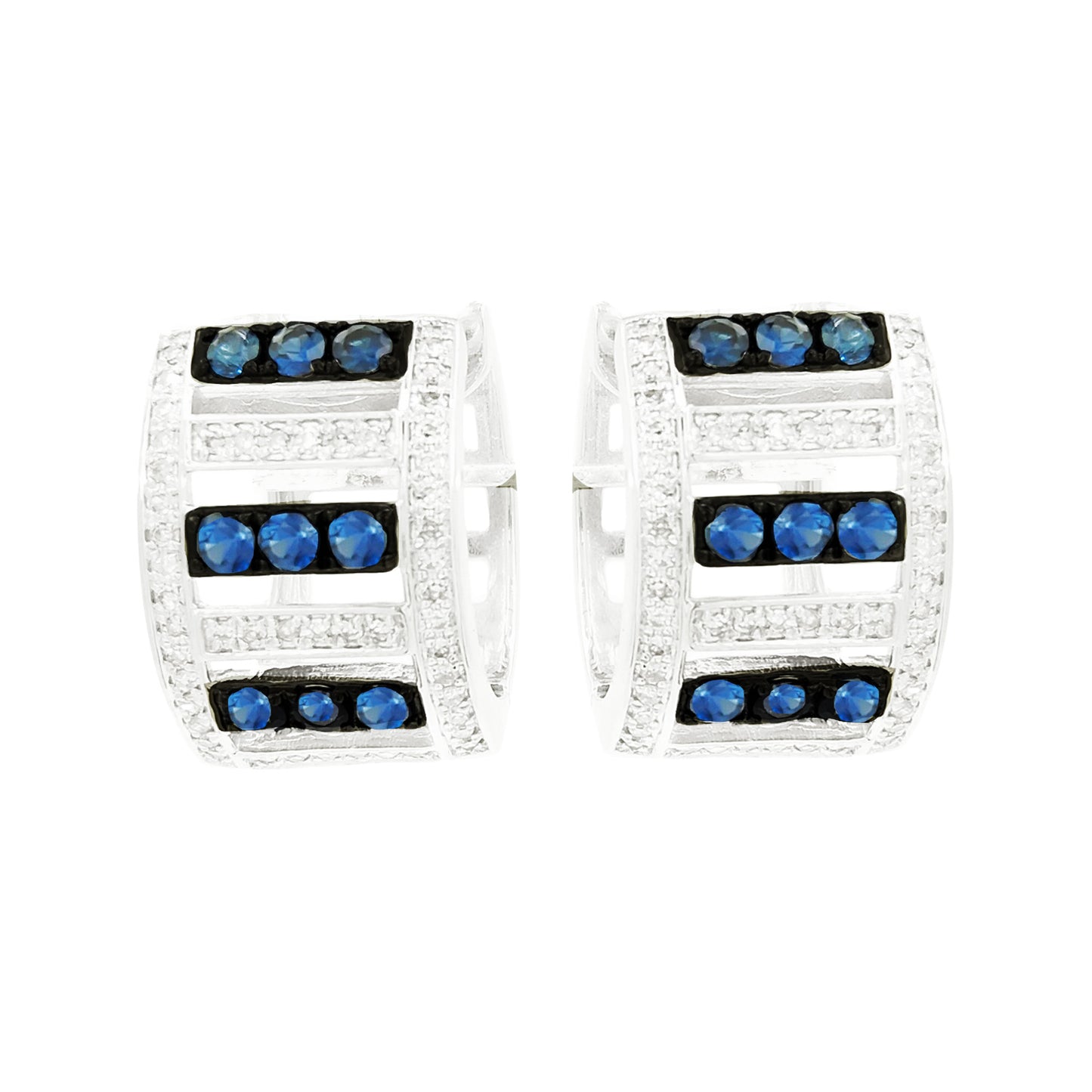 Blue Sapphire & Light Brown Diamond Huggie Earrings, 14K White Gold Hoops