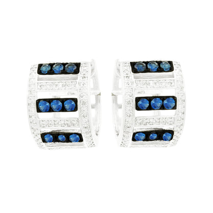 Blue Sapphire & Light Brown Diamond Huggie Earrings, 14K White Gold Hoops