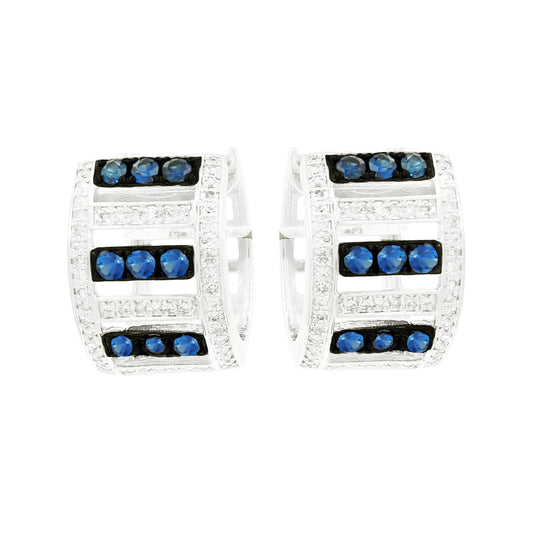 Blue Sapphire & Light Brown Diamond Huggie Earrings, 14K White Gold Hoops